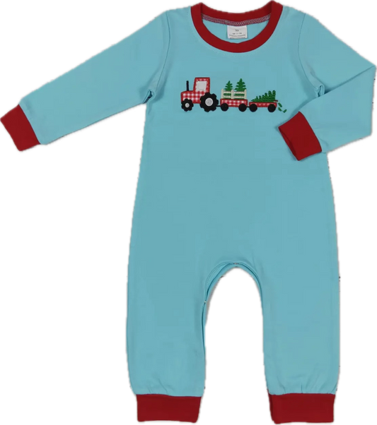 Blue Tractor and Trees Romper